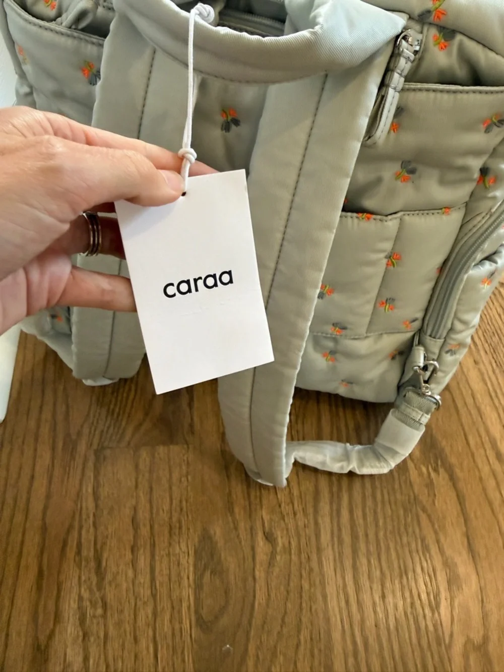 caraa Light Gray Quilted Baby Bag with Orange Floral Embroidery
